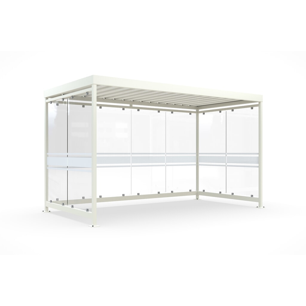 Abri pour fumeurs wsm®, livré monté, pour 9-10 personnes, 8 éléments, RAL 9002 blanc-gris - avec verre décoratif Illustration du produit: Abri pour fumeurs wsm®, livré monté, pour 9-10 personnes, 8 éléments, RAL 9002 blanc-gris - avec verre décoratif