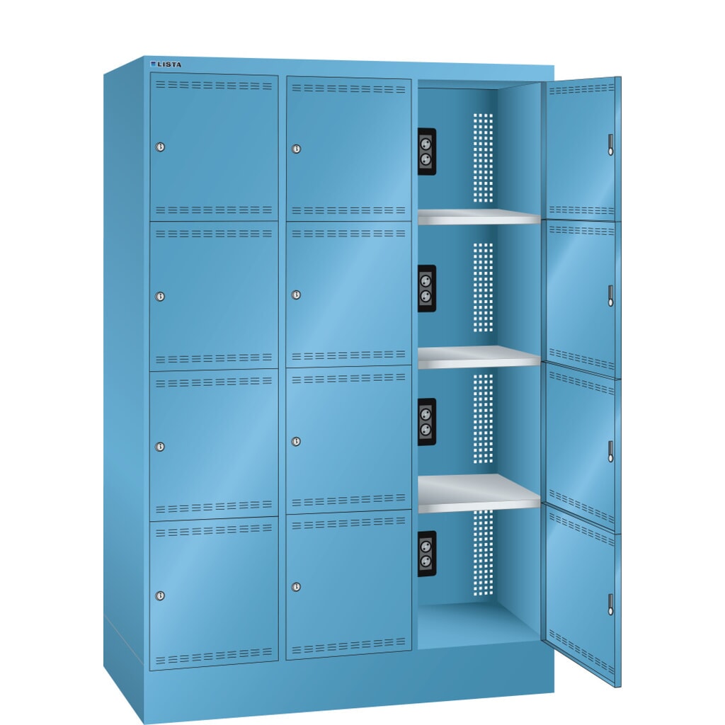 Illustration du produit: Armoire à casiers avec prises électriques LISTA, (lxPxH) 1 205x585x1 790 mm, 3x4 casiers, 1 module par casier, bleu clair