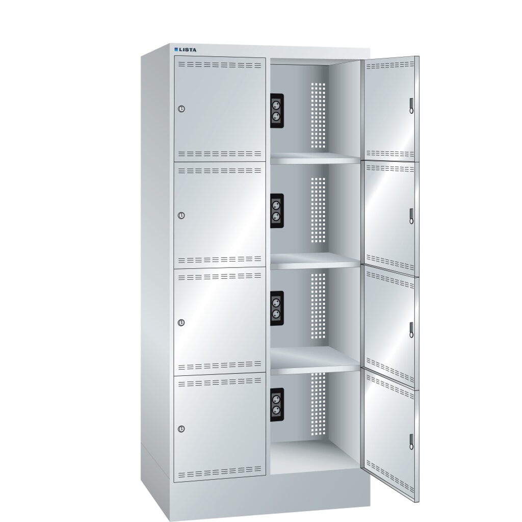 Armoire à casiers avec prises électriques LISTA, (lxPxH) 810x585x1 790 mm, 2x4 casiers, 1 module par casier, gris clair