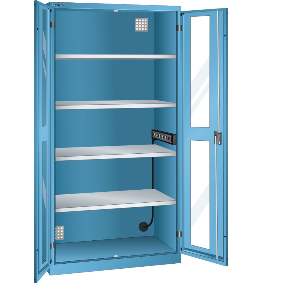 Illustration du produit: Armoire à casiers LISTA avec prises électriques, (lxPxH) 1 000x580x1 950 mm, 1 bloc multiprises sur paroi latérale, vitres transparentes, bleu clair