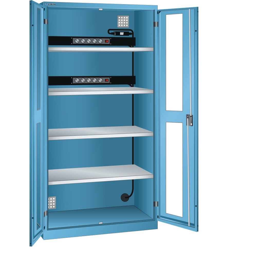 Illustration du produit: Armoire à casiers LISTA avec prises électriques, (lxPxH) 1 000x580x1 950 mm, 2 blocs multiprises sur paroi arrière, FI/LS, bleu clair