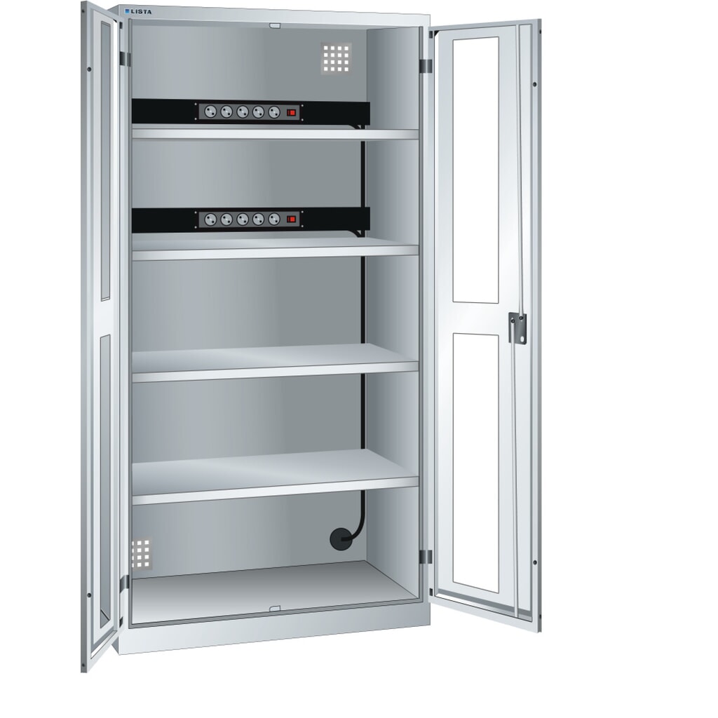 Illustration du produit: Armoire à casiers LISTA avec prises électriques, (lxPxH) 1 000x580x1 950 mm, 2 blocs multiprises sur paroi arrière, vitres transparentes, gris clair