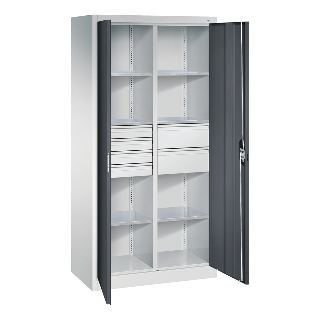 N° de l'image du produit 7 : Armoire à outils C+P, 4 x 86 + 4 x 174 mm, 6 tablettes, largeur 930 mm, gris clair, rouge rubis
