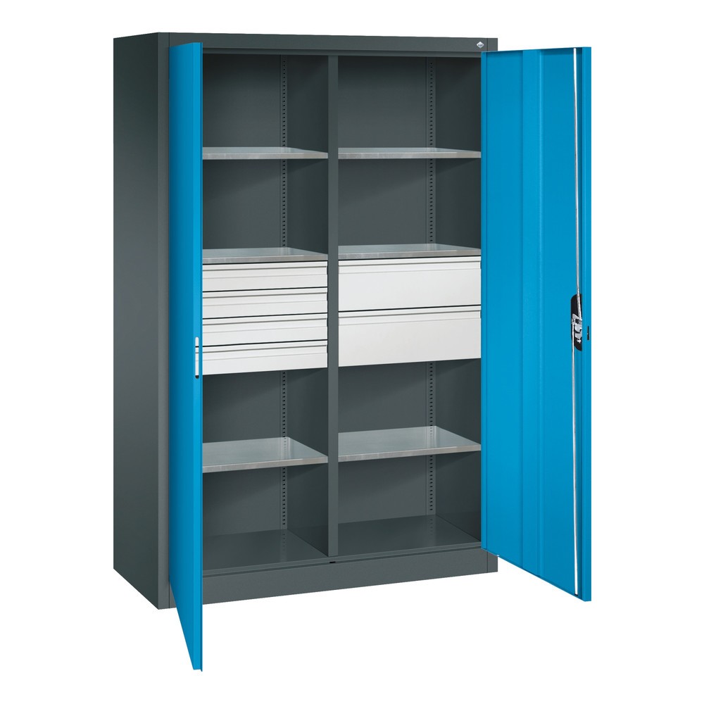Numéro de l'image du produit 6: Armoire à outils C+P, tiroirs 4 x 86 + 2 x 174 mm, 6 tablettes, largeur 1 200 mm, gris anthracite, bleu clair