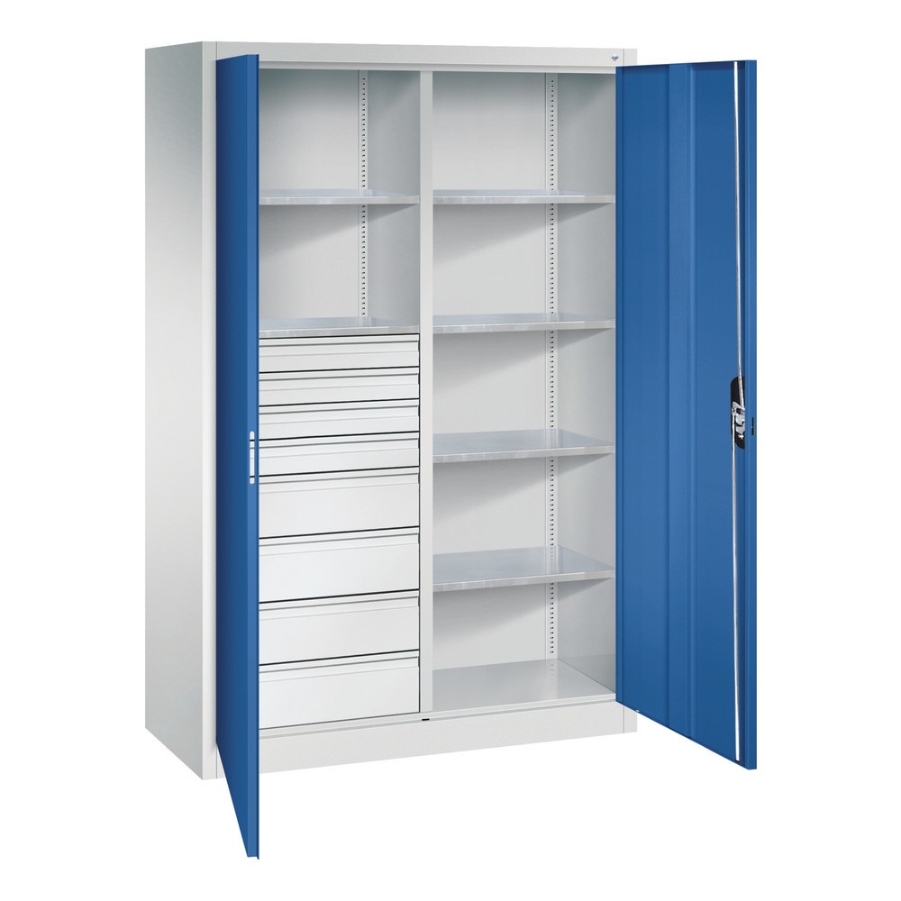 Numéro de l'image du produit 5: Armoire à outils C+P, tiroirs 4 x 86 + 4 x 174 mm, 6 tablettes, largeur 1 200 mm, gris clair, bleu gentiane