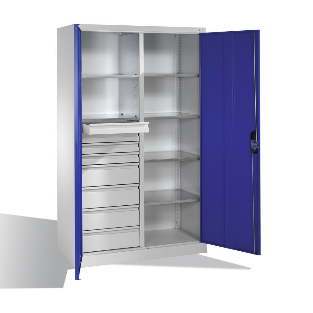 Numéro de l'image du produit 6: Armoire à outils C+P, tiroirs 4 x 86 + 4 x 174 mm, 6 tablettes, largeur 1 200 mm, gris clair, bleu gentiane