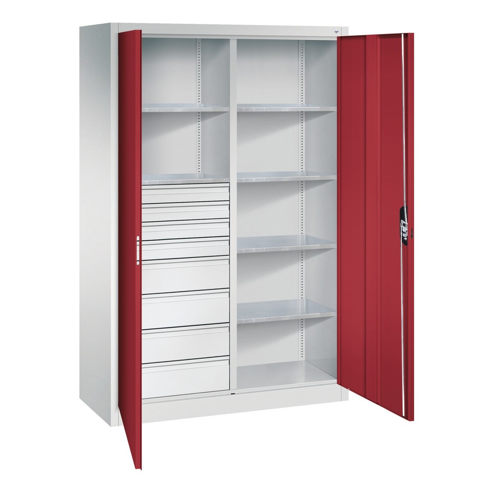 Numéro de l'image du produit 6: Armoire à outils C+P, tiroirs 4 x 86 + 4 x 174 mm, 6 tablettes, largeur 1 200 mm, gris clair, rouge rubis