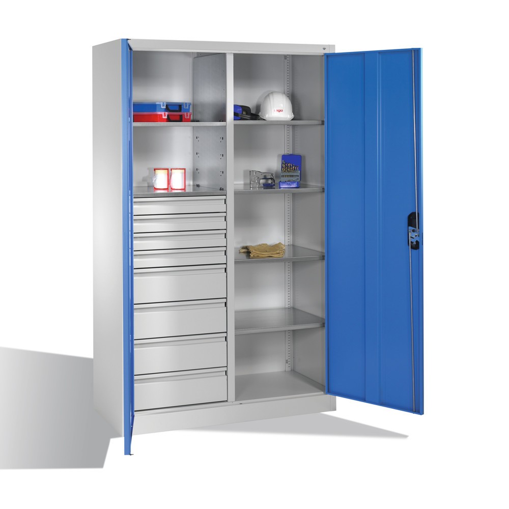 Numéro de l'image du produit 7: Armoire à outils C+P, tiroirs 4 x 86 + 4 x 174 mm, 6 tablettes, largeur 1 200 mm, gris clair, bleu clair