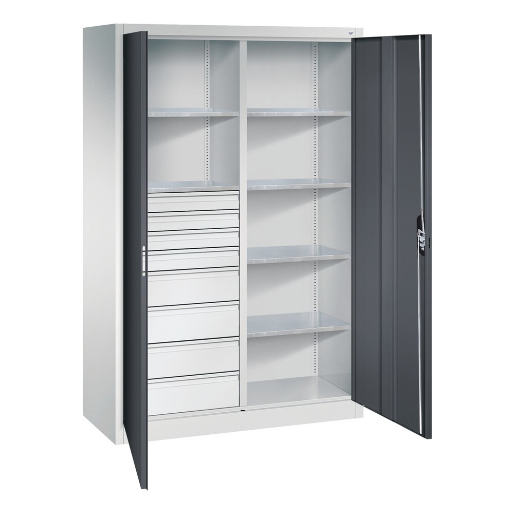 Numéro de l'image du produit 1: Armoire à outils C+P, tiroirs 4 x 86 + 4 x 174 mm, 6 tablettes, largeur 1 200 mm, gris clair, gris noir