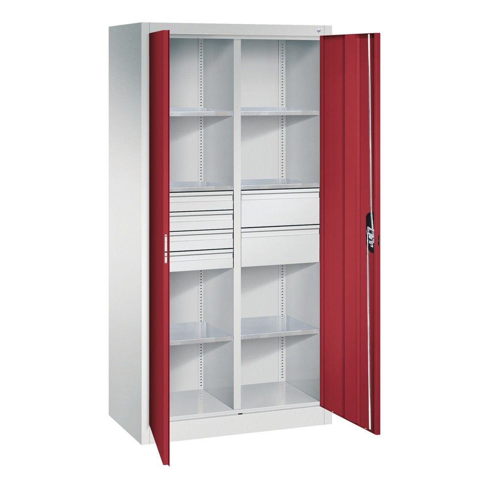 Numéro de l'image du produit 7: Armoire à outils C+P, tiroirs 4 x 86 + 2 x 174 mm, 6 tablettes, largeur 930 mm, gris clair, rouge rubis
