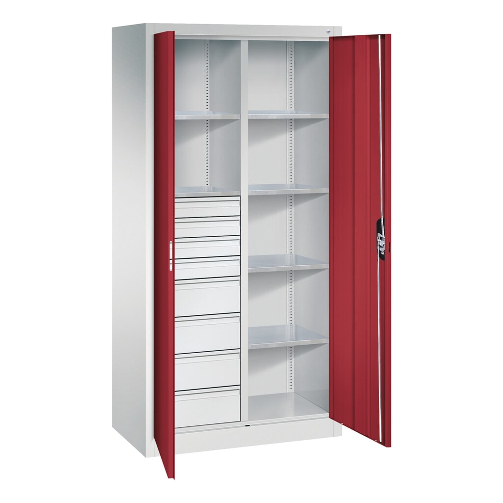 N° de l'image du produit 9 : Armoire à outils C+P, 4 x 86 + 4 x 174 mm, 6 tablettes, largeur 930 mm, gris clair, rouge rubis