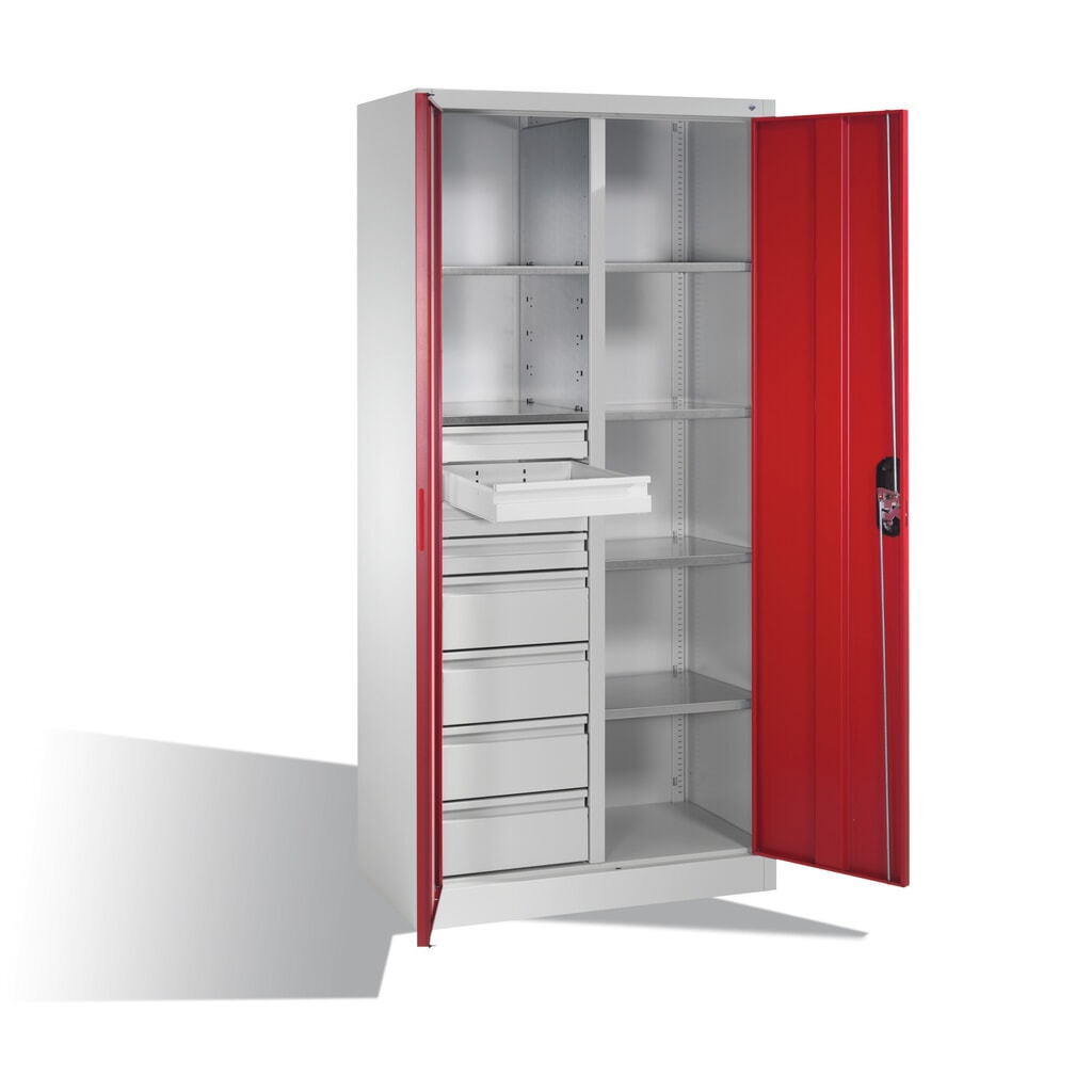 Armoire à outils C+P, 4 x 86 + 4 x 174 mm, 6 tablettes, largeur 930 mm, gris clair, rouge rubis N° de l'image du produit 10 : Armoire à outils C+P, 4 x 86 + 4 x 174 mm, 6 tablettes, largeur 930 mm, gris clair, rouge rubis