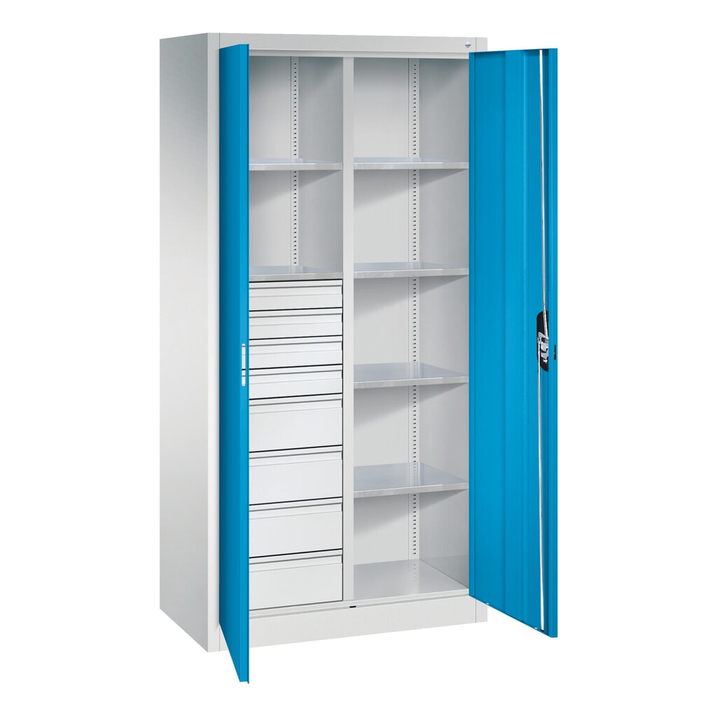 Armoire à outils C+P, 4 x 86 + 4 x 174 mm, 6 tablettes, largeur 930 mm, gris clair, bleu clair N° de l'image du produit 9 : Armoire à outils C+P, 4 x 86 + 4 x 174 mm, 6 tablettes, largeur 930 mm, gris clair, bleu clair