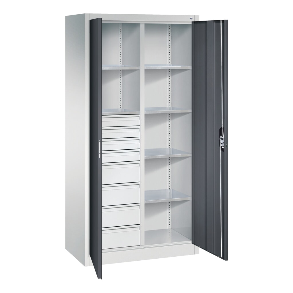 N° de l'image du produit 9 : Armoire à outils C+P, 4 x 86 + 4 x 174 mm, 6 tablettes, largeur 930 mm, gris clair, gris noir