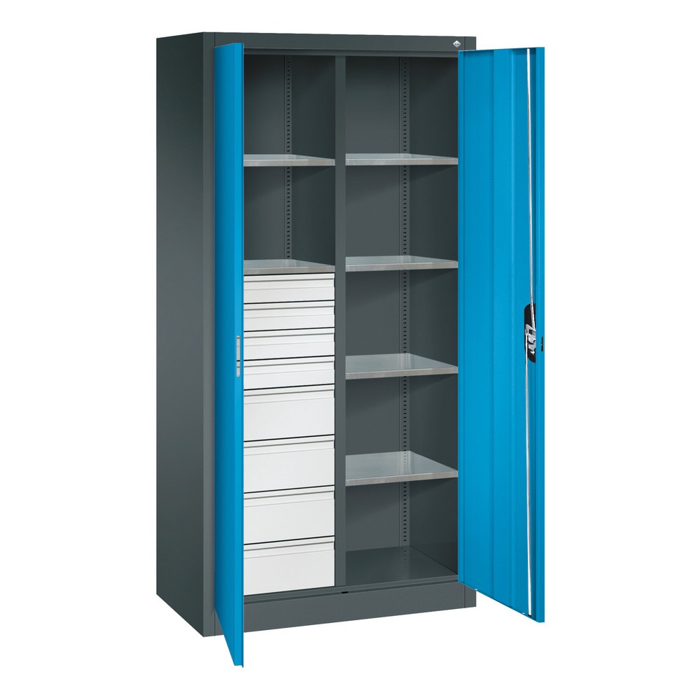Numéro de l'image du produit 8: Armoire à outils C+P, 4 x 86 + 4 x 174 mm, 6 tablettes, largeur 930 mm, gris anthracite, bleu clair