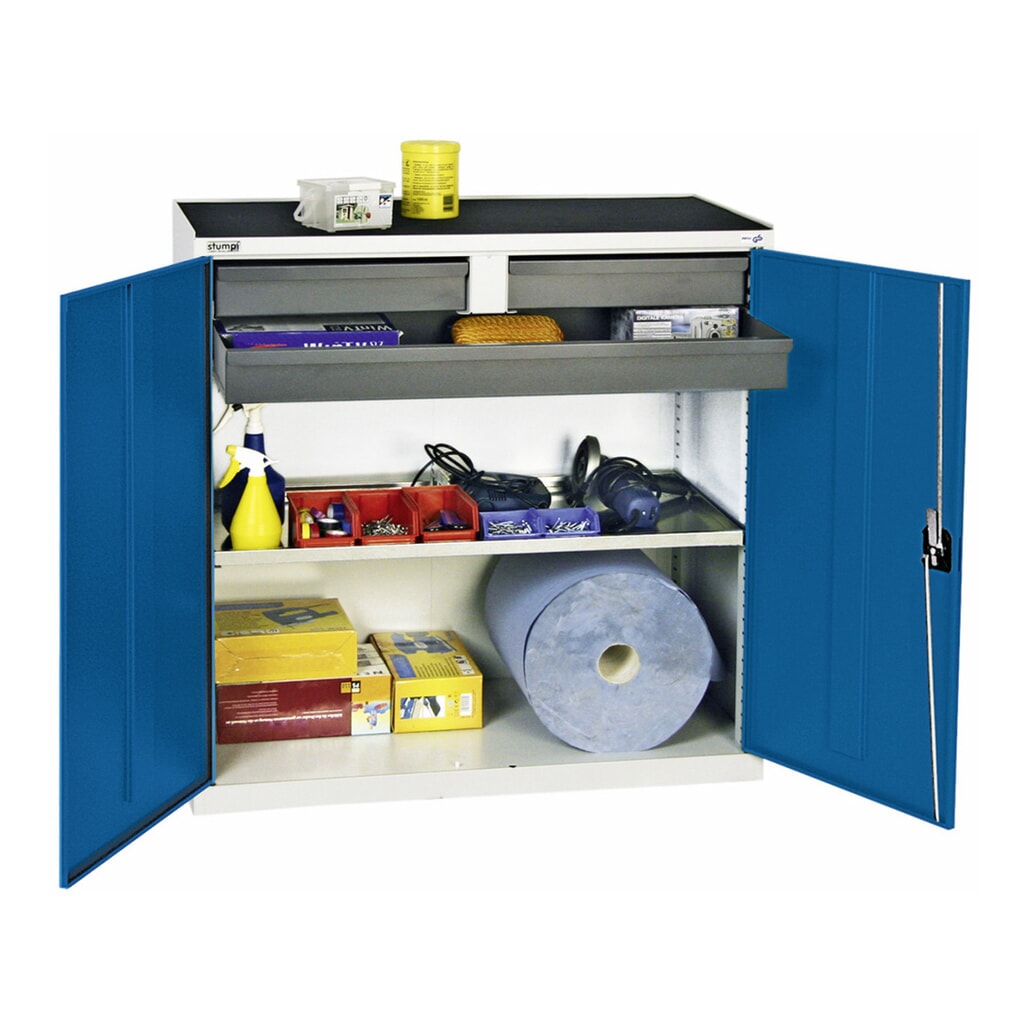 N° de l'image du produit 1 : Armoire à portes battantes avec 3 tiroirs et 1 cuve, H x l x P 1 000 x 1 000 x 500 mm, gris/bleu