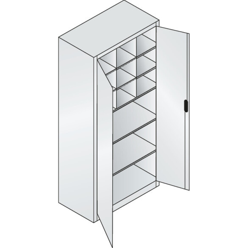 N° de l'image du produit 4 : Armoire à portes battantes d’atelier C+P avec paroi centrale + 8 tablettes, H x l x P 1 950 x 930 x 500 mm, gris clair, bleu gentiane