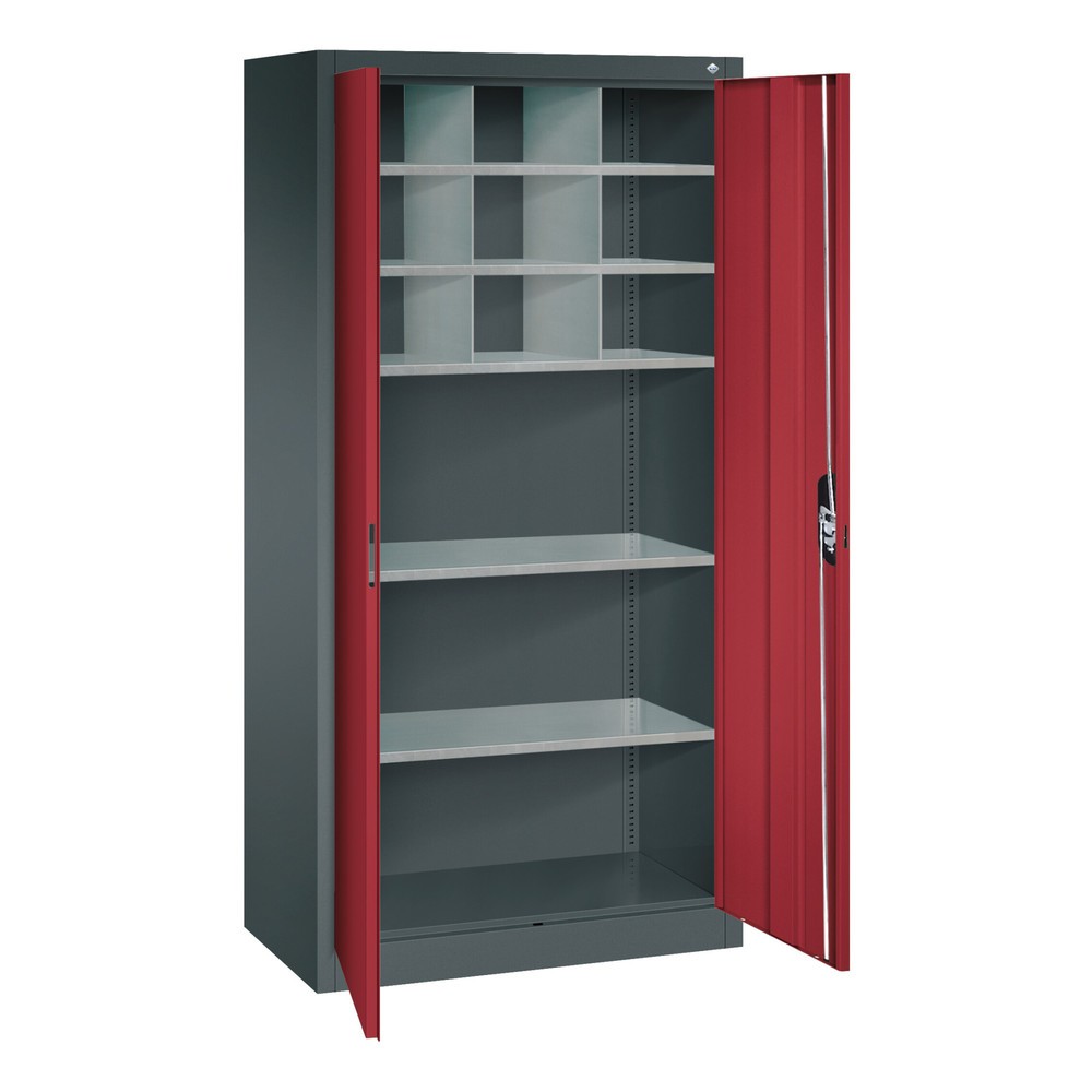 Numéro de l'image du produit 5: Armoire à portes battantes d’atelier C+P avec paroi centrale + 8 tablettes, H x l x P 1 950 x 930 x 500 mm, gris clair, rouge rubis