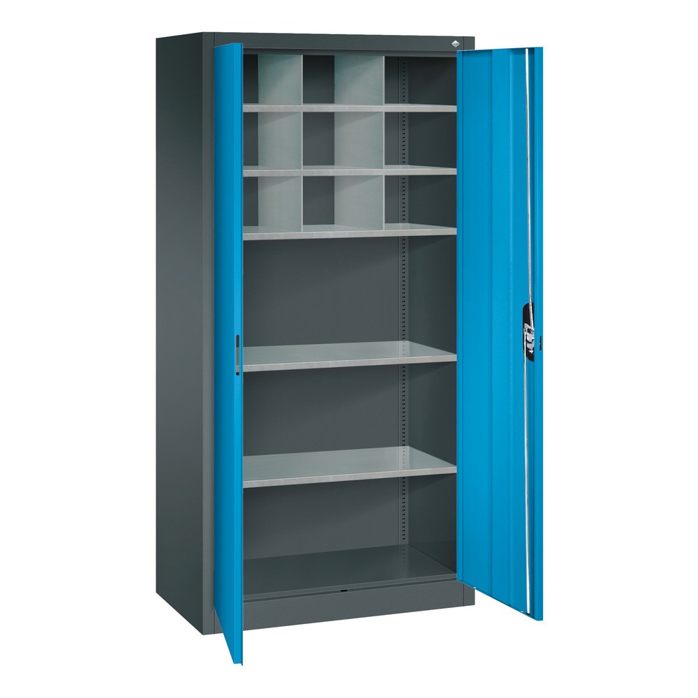 Numéro de l'image du produit 5: Armoire à portes battantes d’atelier C+P avec paroi centrale + 8 tablettes, H x l x P 1 950 x 930 x 500 mm, gris clair, bleu clair