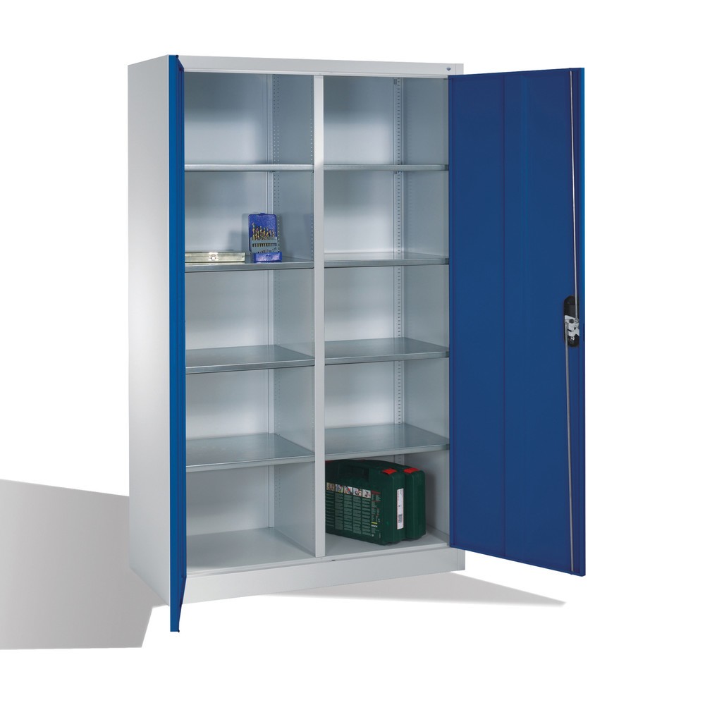 Numéro de l'image du produit 4: Armoire à portes battantes d’atelier C+P avec paroi centrale + 8 tablettes, H x l x P 1 950 x 1 200 x 500 mm, gris clair, bleu gentiane