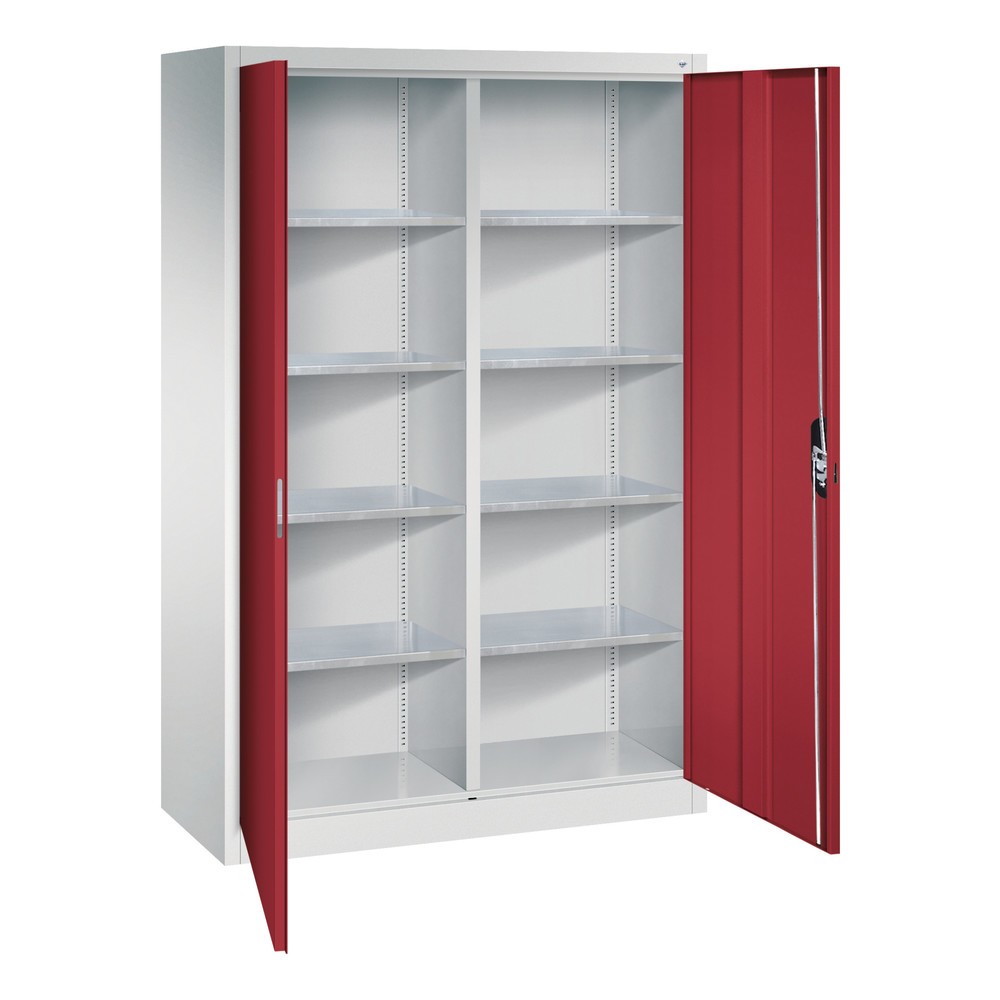 Numéro de l'image du produit 4: Armoire à portes battantes d’atelier C+P avec paroi centrale + 8 tablettes, H x l x P 1 950 x 1 200 x 500 mm, gris clair, rouge rubis