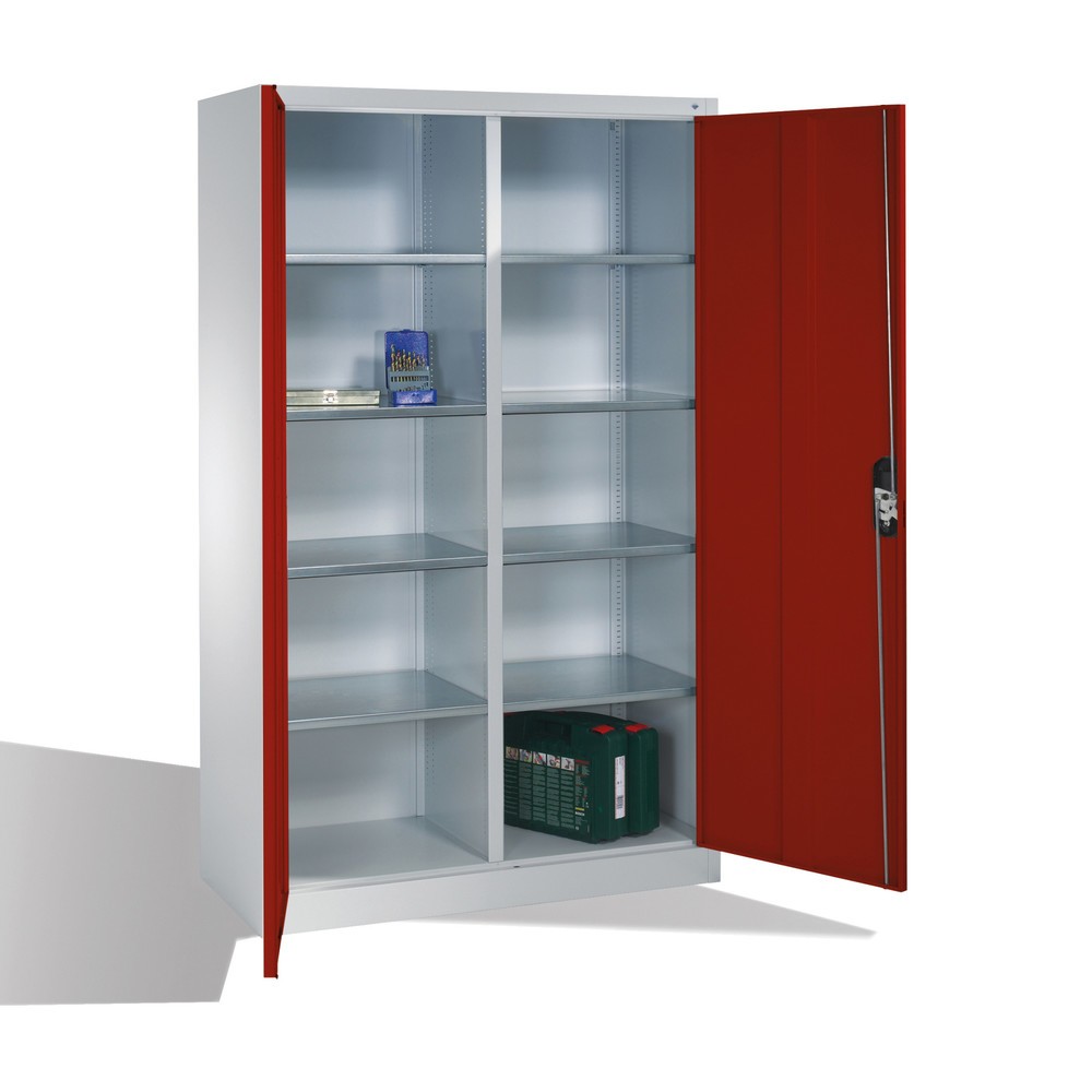 Numéro de l'image du produit 5: Armoire à portes battantes d’atelier C+P avec paroi centrale + 8 tablettes, H x l x P 1 950 x 1 200 x 500 mm, gris clair, rouge rubis