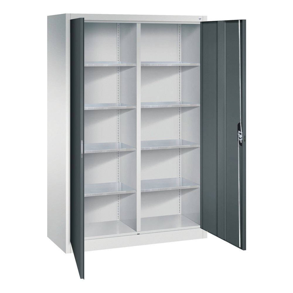 Numéro de l'image du produit 4: Armoire à portes battantes d’atelier C+P avec paroi centrale + 8 tablettes, H x l x P 1 950 x 1 200 x 500 mm, gris clair, gris anthracite