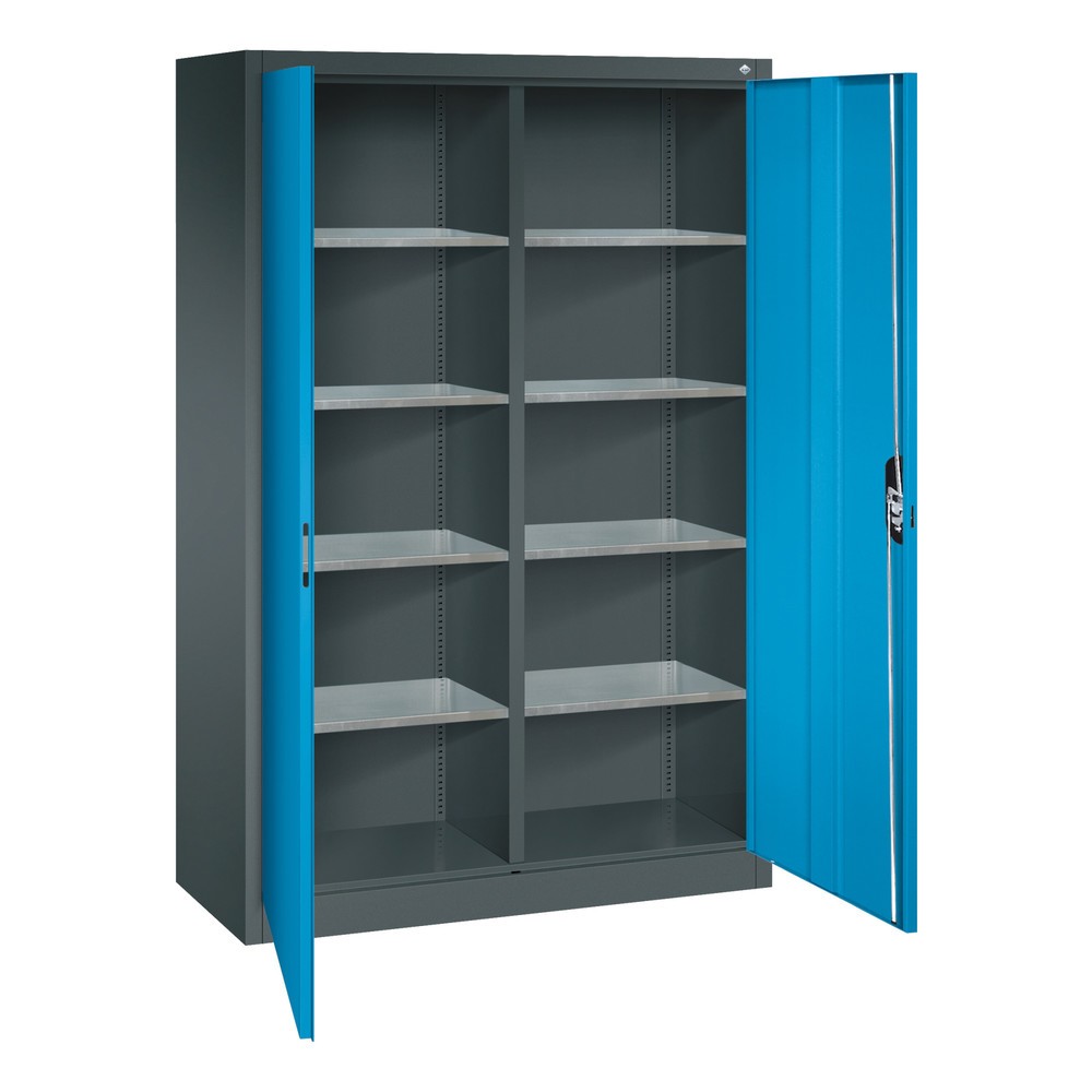 Numéro de l'image du produit 4: Armoire à portes battantes d’atelier C+P avec paroi centrale + 8 tablettes, H x l x P 1 950 x 1 200 x 500 mm, gris anthracite, bleu clair