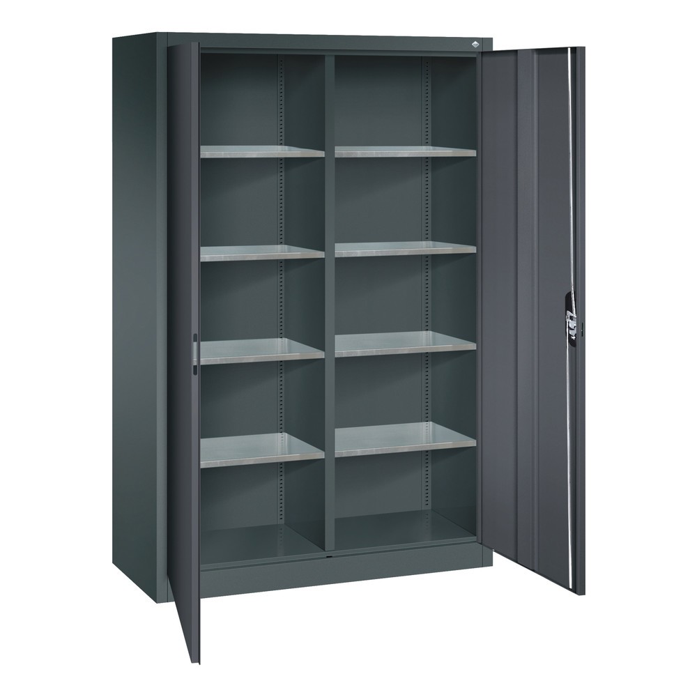 Numéro de l'image du produit 4: Armoire à portes battantes d’atelier C+P avec paroi centrale + 8 tablettes, H x l x P 1 950 x 1 200 x 500 mm, gris anthracite, gris noir
