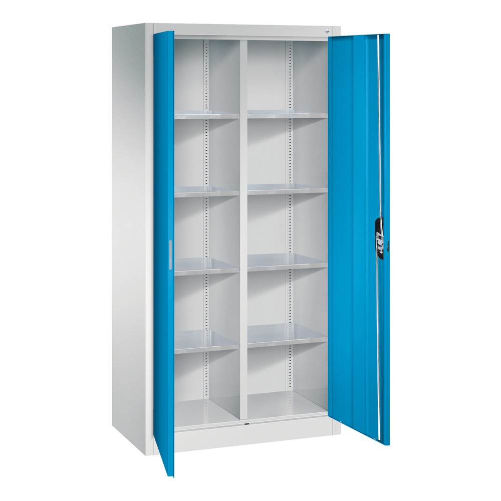 Numéro de l'image du produit 7: Armoire à portes battantes d’atelier C+P avec paroi centrale + 8 tablettes, H x l x P 1 950 x 930 x 500 mm, gris clair, bleu clair