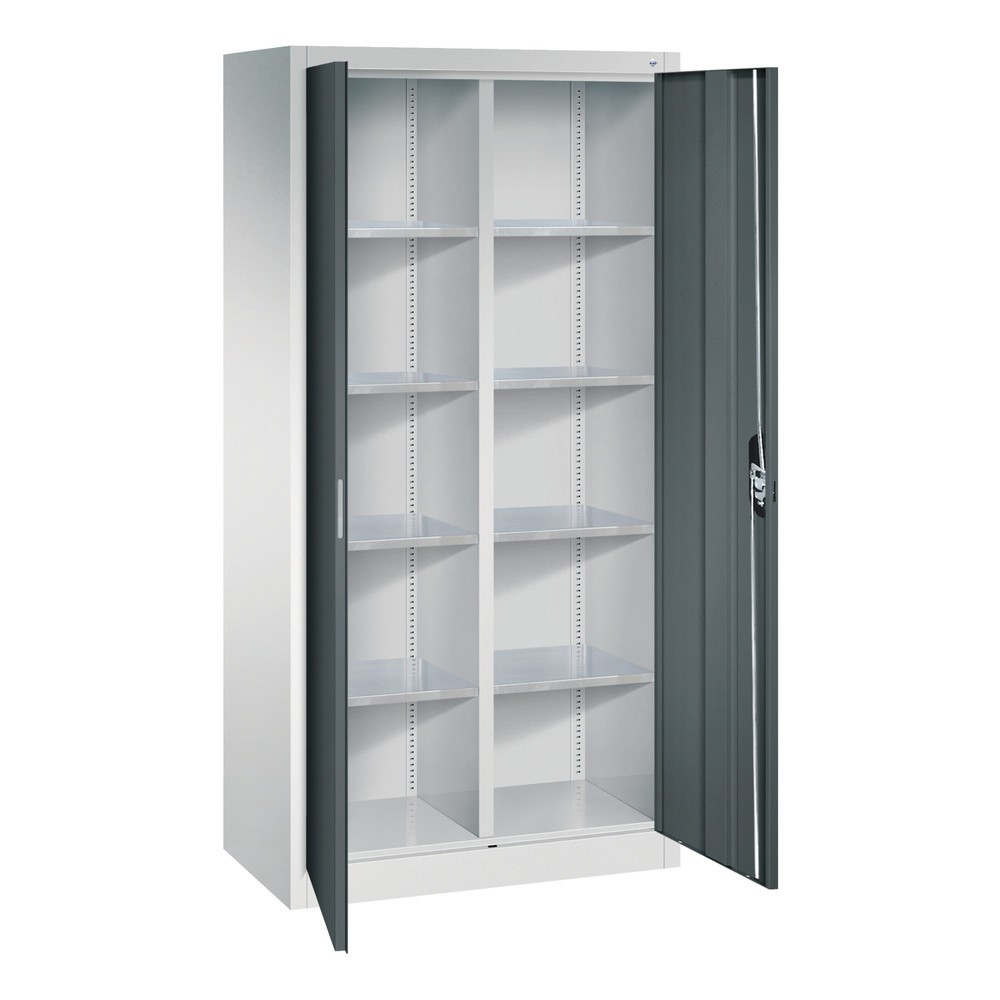 Numéro de l'image du produit 7: Armoire à portes battantes d’atelier C+P avec paroi centrale + 8 tablettes, H x l x P 1 950 x 930 x 500 mm, gris clair, gris anthracite