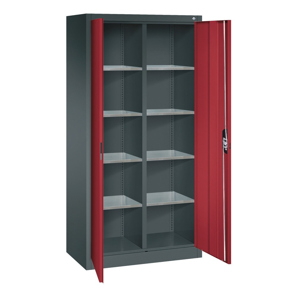 Numéro de l'image du produit 6: Armoire à portes battantes d’atelier C+P avec paroi centrale + 8 tablettes, H x l x P 1 950 x 930 x 500 mm, gris anthracite, rouge rubis