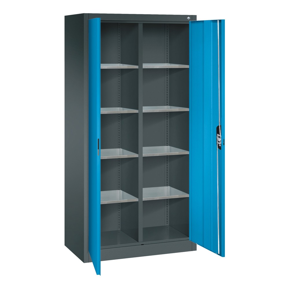 Numéro de l'image du produit 6: Armoire à portes battantes d’atelier C+P avec paroi centrale + 8 tablettes, H x l x P 1 950 x 930 x 500 mm, gris anthracite, bleu clair