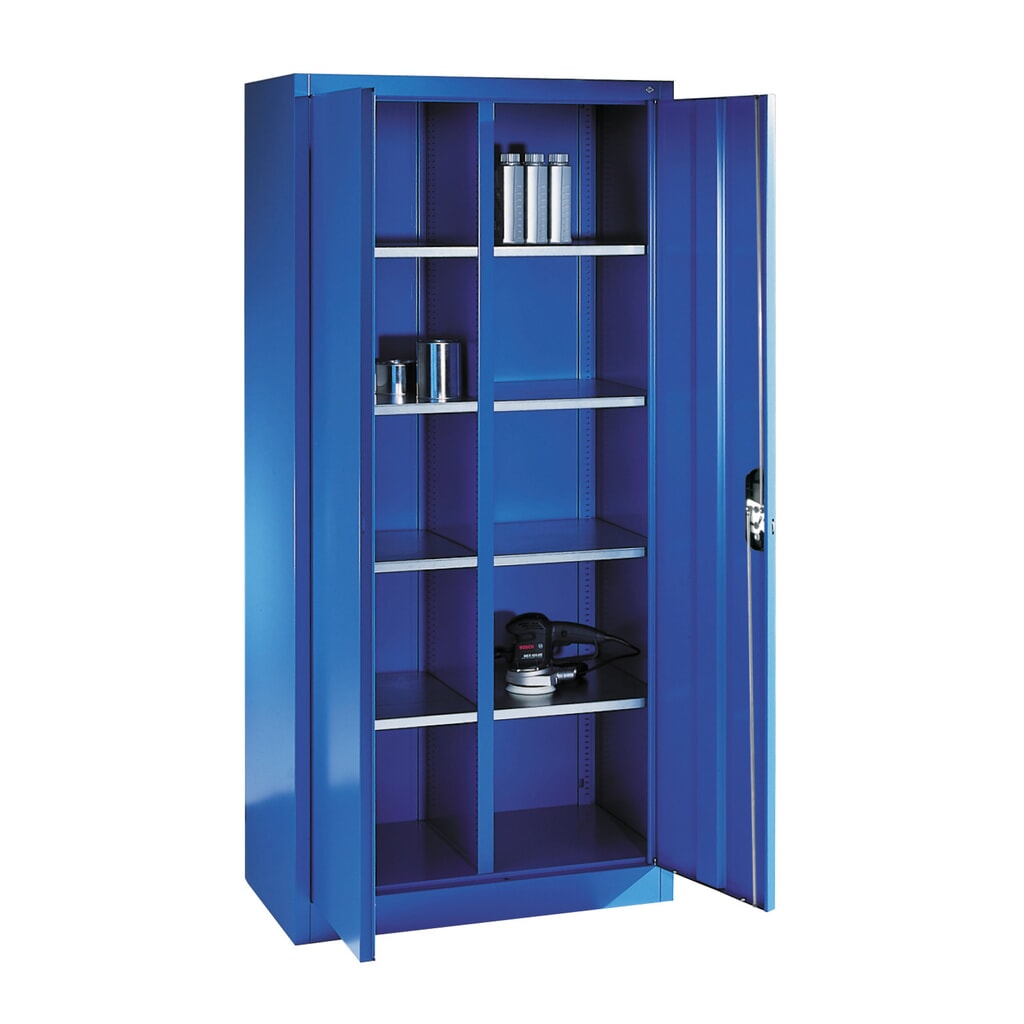 N° de l'image du produit 2 : Armoire à portes battantes d’atelier C+P avec paroi centrale + 8 tablettes, H x l x P 1 950 x 930 x 500 mm, gris clair, bleu gentiane