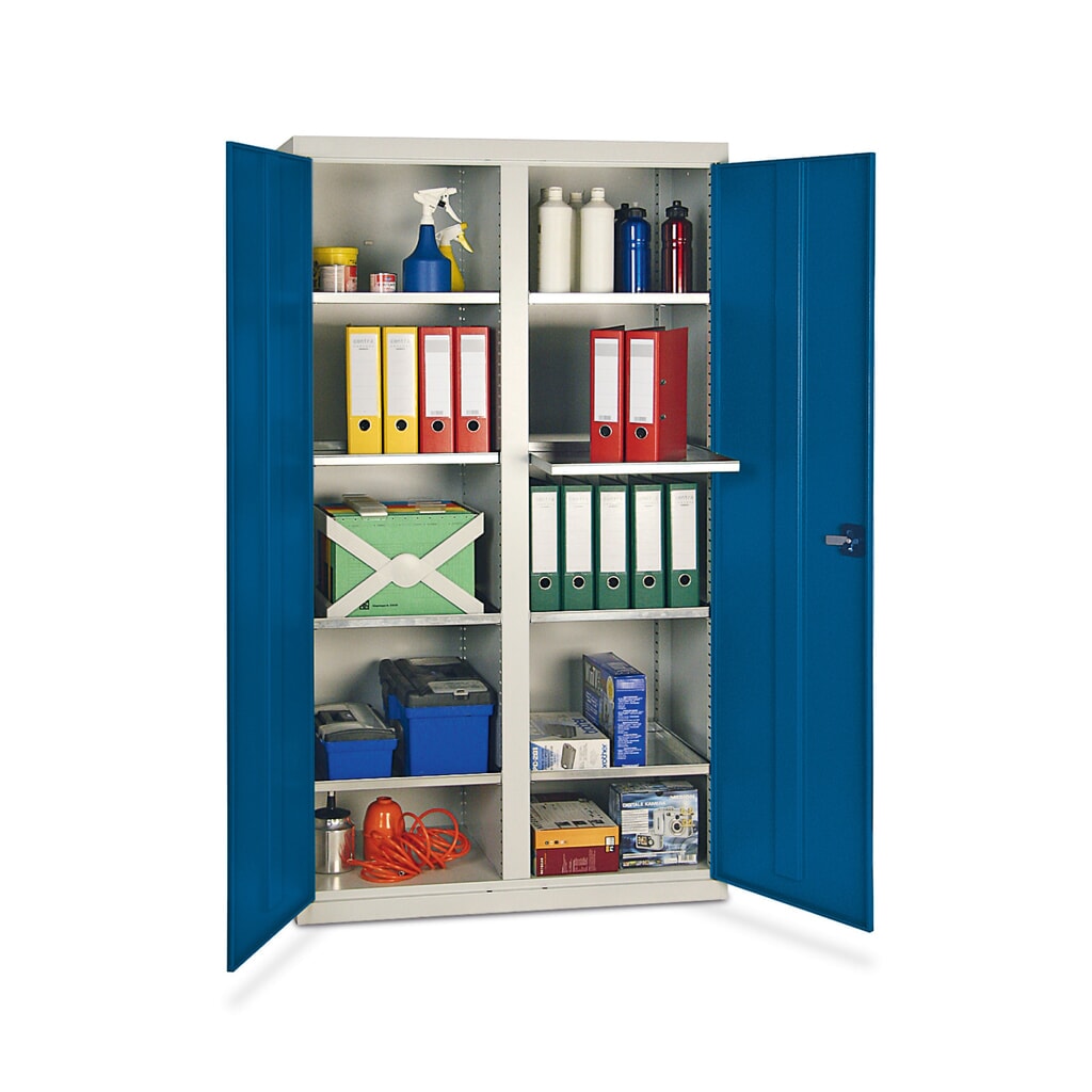 Illustration du produit: Armoire à portes battantes d’atelier stumpf® avec 8 bacs + cloison de séparation, H x l x P 1 800 x 1 000 x 500 mm, gris clair