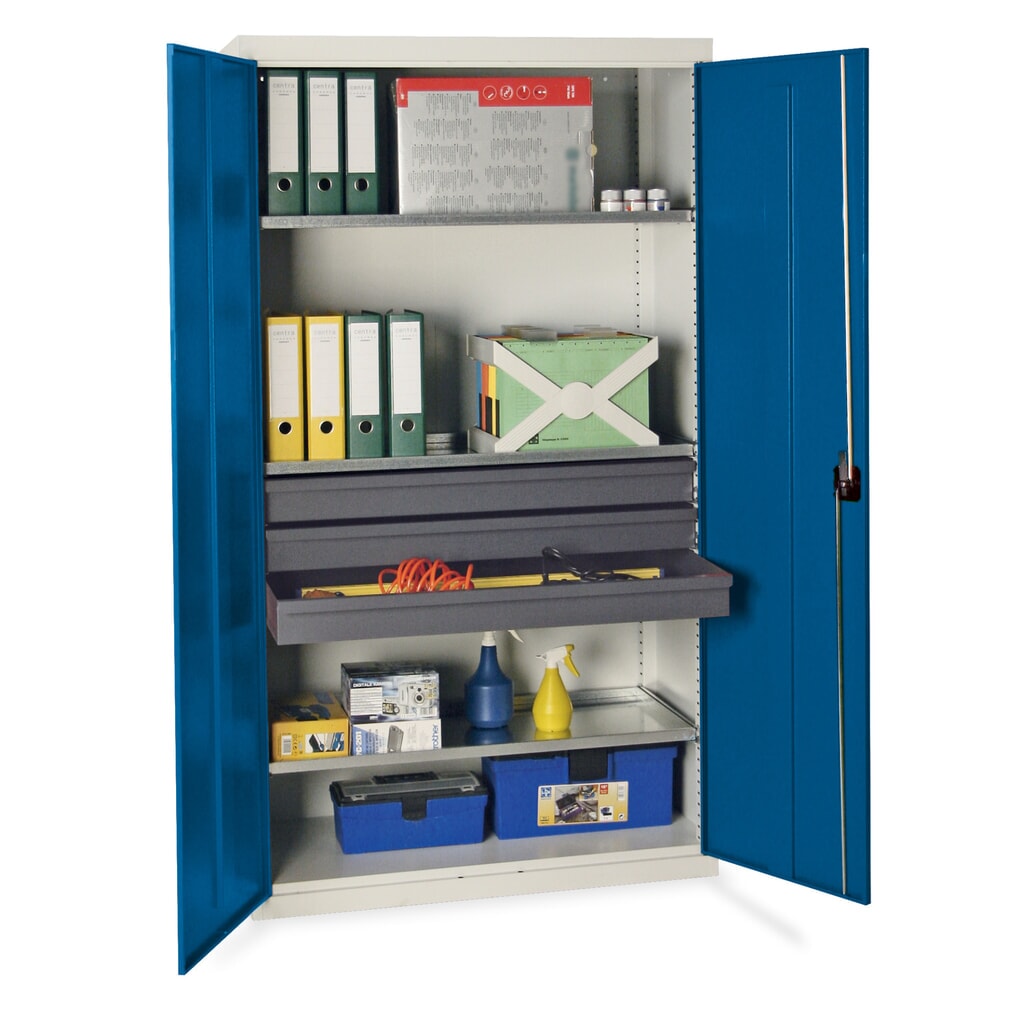 Armoire à portes battantes d’atelier stumpf® avec 3 tiroirs + 3 bacs, H x l x P 1 800 x 1 000 x 500 mm, gris clair/bleu clair Illustration du produit: Armoire à portes battantes d’atelier stumpf® avec 3 tiroirs + 3 bacs, H x l x P 1 800 x 1 000 x 500 mm, gris clair/bleu clair