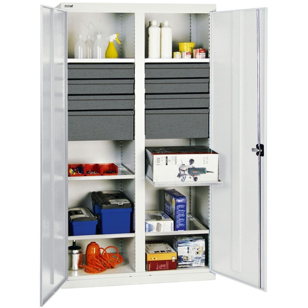 Illustration du produit: Armoire à portes battantes d’atelier stumpf® avec 14 tiroirs + 4 bacs + cloison de séparation, H x l x P 1 800 x 1 000 x 500 mm, gris clair