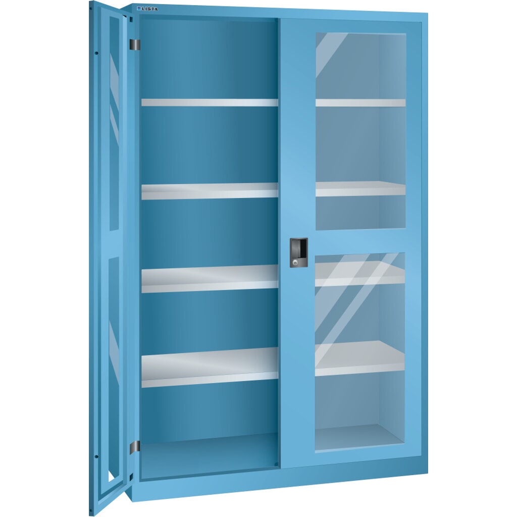Illustration du produit: Armoire à portes battantes LISTA avec vitres transparentes, (lxPxH) 1 250x580x1 950 mm, 4 étagères réglables, bleu clair, KEY Lock