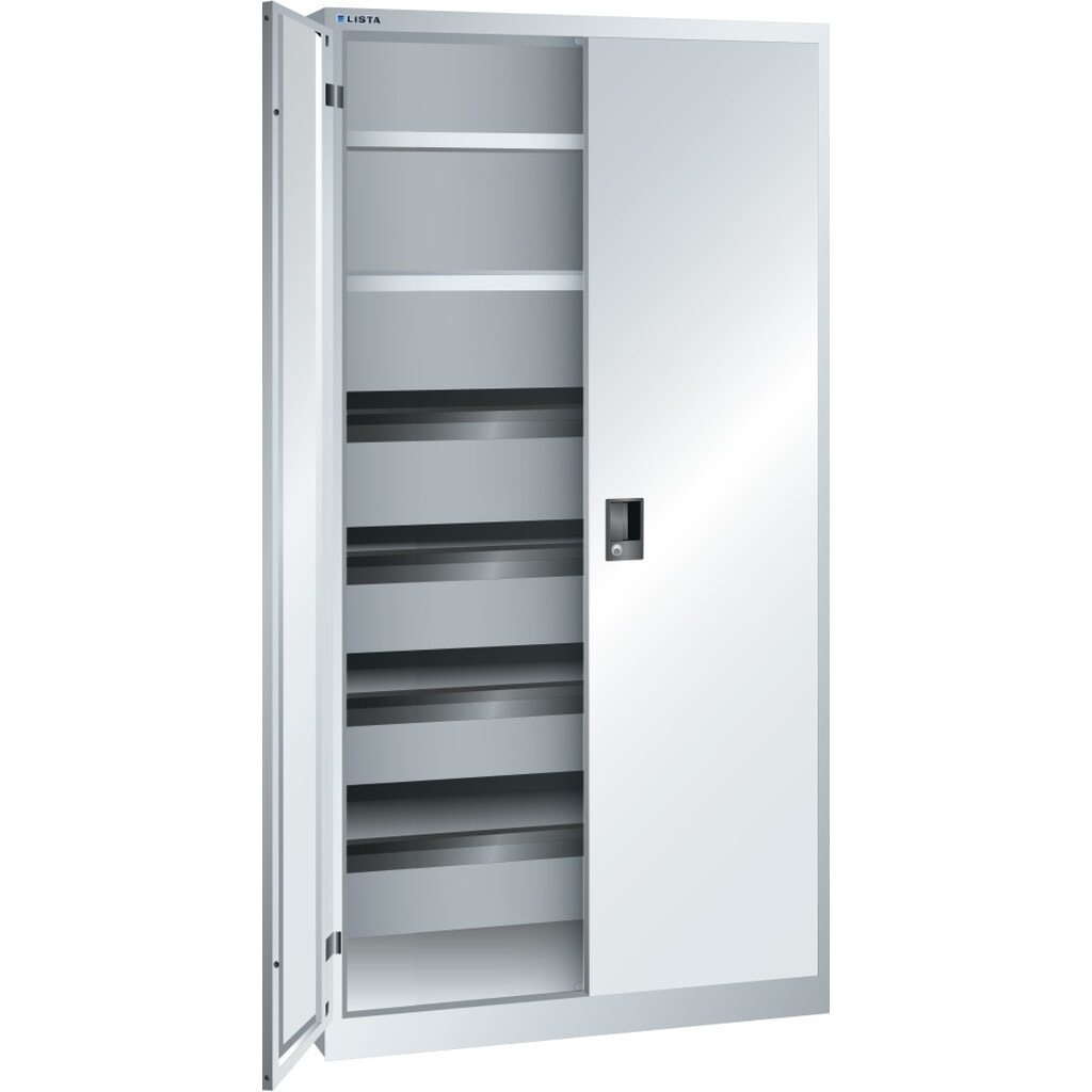 Armoire à portes battantes LISTA, (lxPxH) 1 000x580x1 950 mm, 4 étagères coulissantes, 2 étagères réglables, gris clair, KEY Lock Illustration du produit: Armoire à portes battantes LISTA, (lxPxH) 1 000x580x1 950 mm, 4 étagères coulissantes, 2 étagères réglables, gris clair, KEY Lock