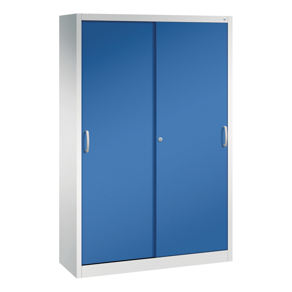 Illustration du produit: Armoire à portes coulissantes d’atelier C+P avec 4 tablettes, H x l x P 1 950 x 1 200 x 400 mm, gris clair, bleu gentiane
