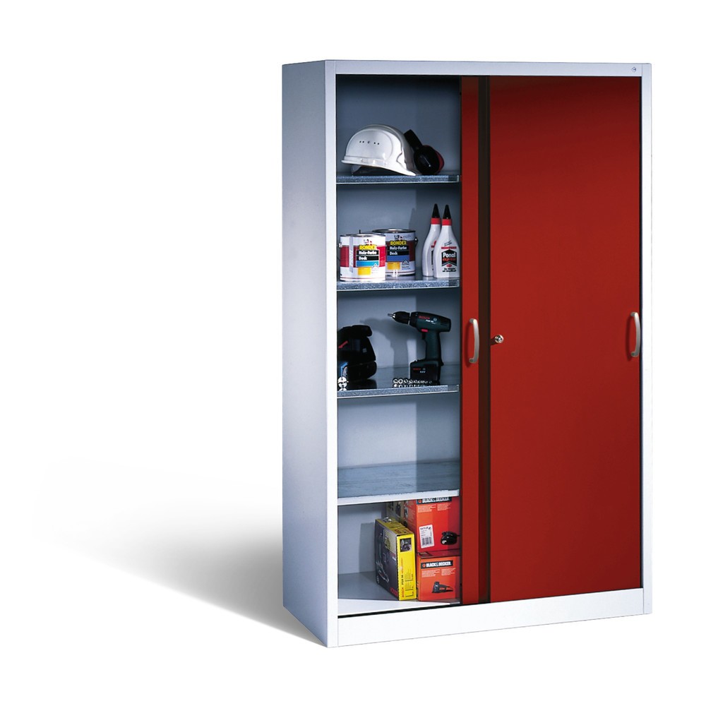 Numéro de l'image du produit 4: Armoire à portes coulissantes d’atelier C+P avec 4 tablettes, H x l x P 1 950 x 1 200 x 400 mm, gris clair, rouge rubis