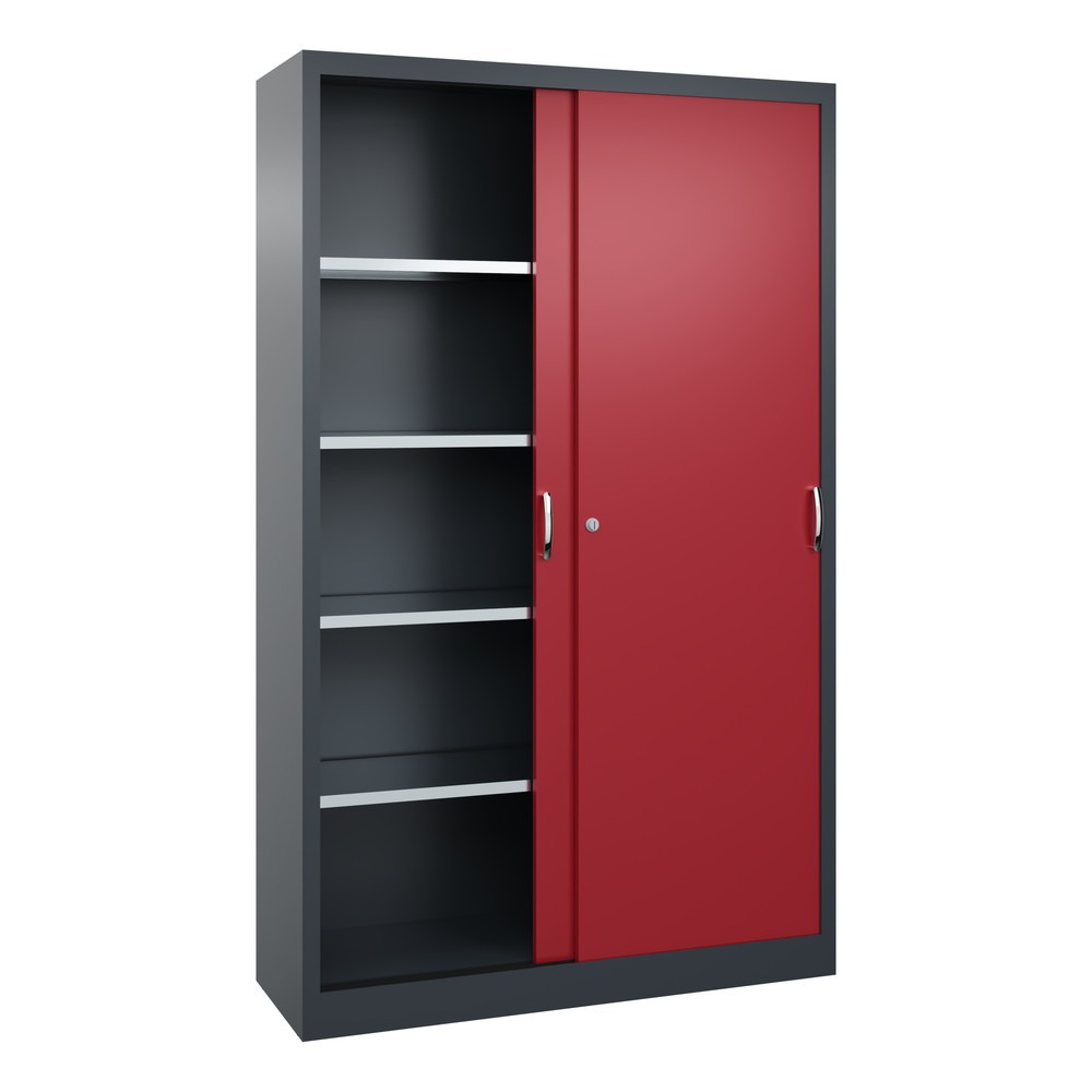 Numéro de l'image du produit 3: Armoire à portes coulissantes d’atelier C+P avec 4 tablettes, H x l x P 1 950 x 1 200 x 400 mm, gris anthracite, rouge rubis