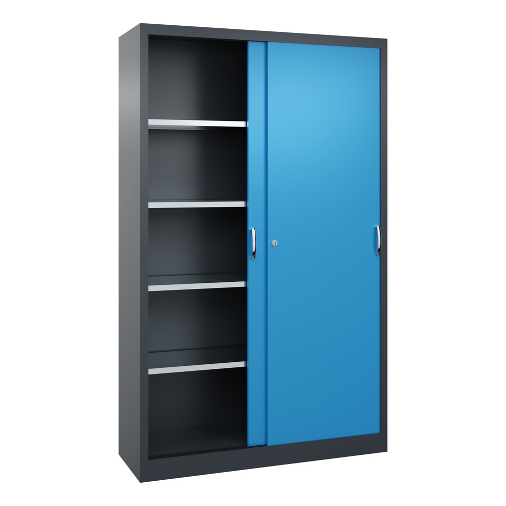 Numéro de l'image du produit 3: Armoire à portes coulissantes d’atelier C+P avec 4 tablettes, H x l x P 1 950 x 1 200 x 400 mm, gris anthracite, bleu clair