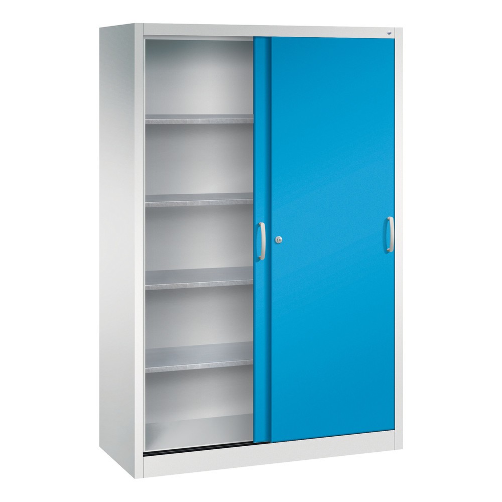 Numéro de l'image du produit 3: Armoire à portes coulissantes d’atelier C+P avec 4 tablettes, H x l x P 1 950 x 1 200 x 500 mm, gris clair, bleu clair