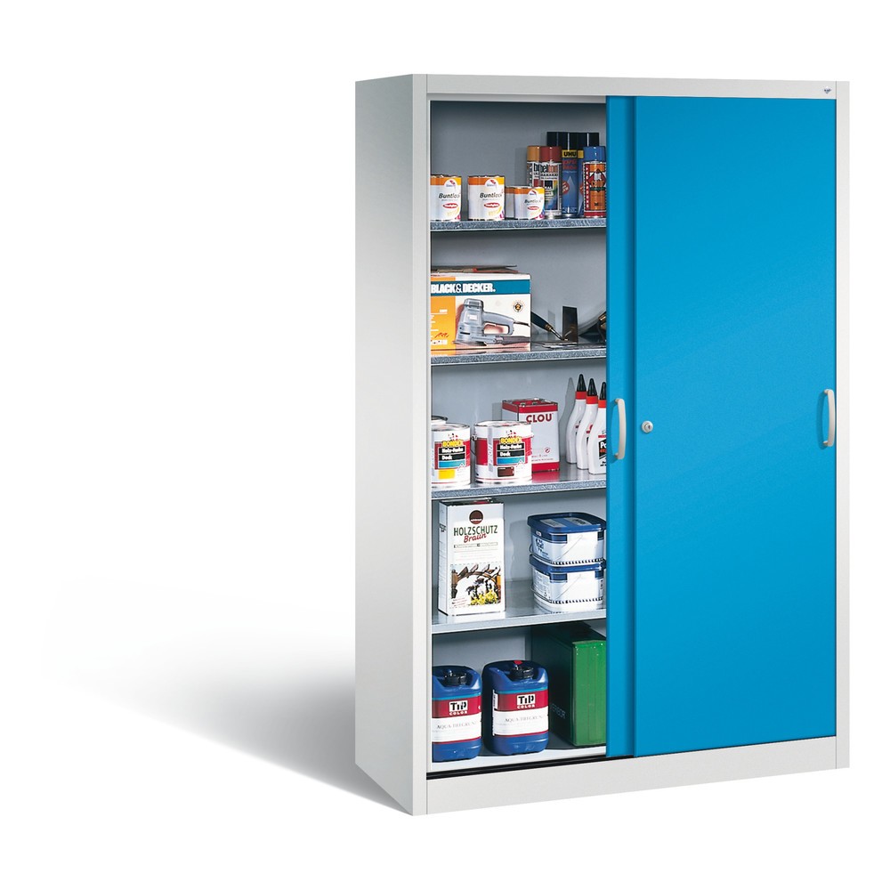 Numéro de l'image du produit 4: Armoire à portes coulissantes d’atelier C+P avec 4 tablettes, H x l x P 1 950 x 1 200 x 500 mm, gris clair, bleu clair