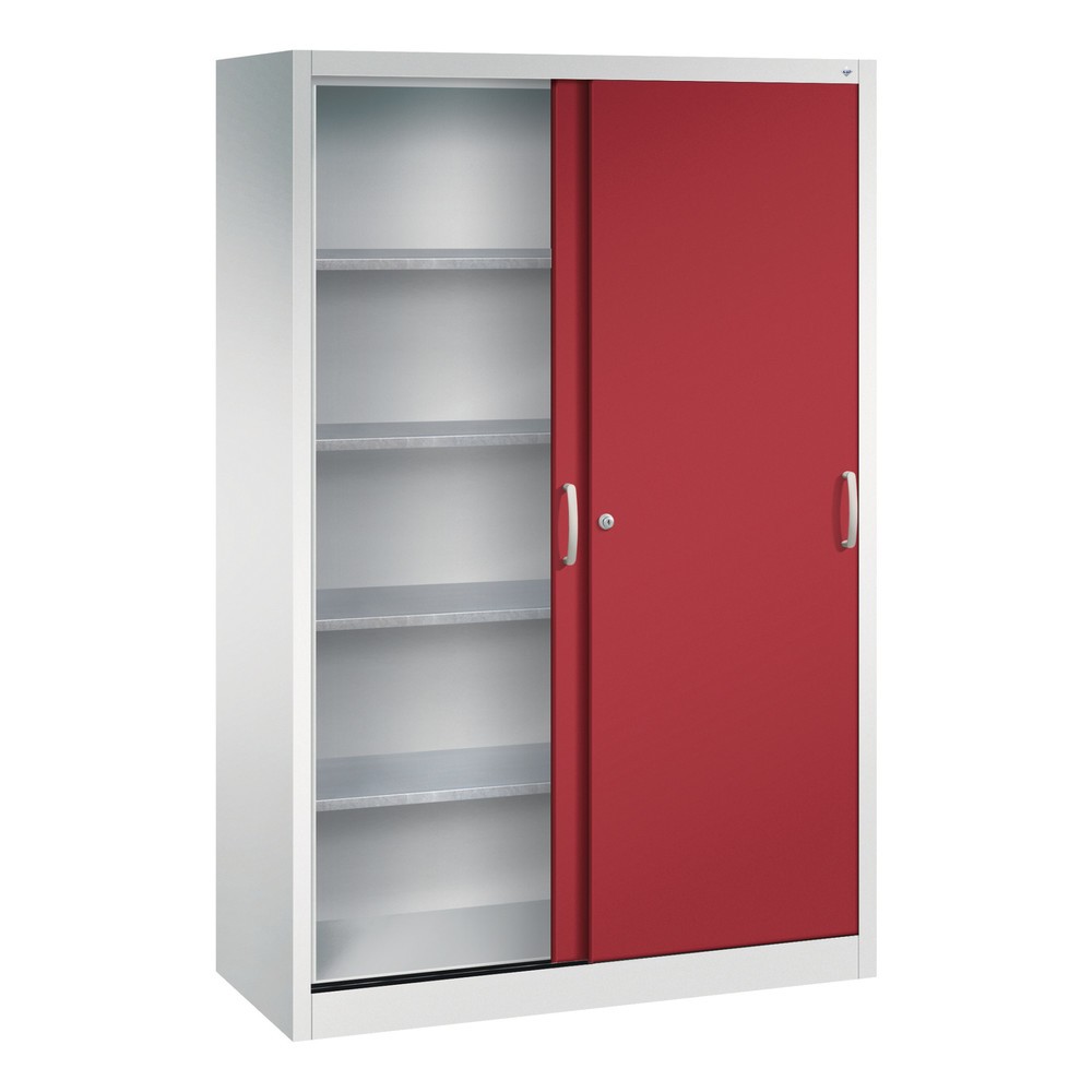 Numéro de l'image du produit 3: Armoire à portes coulissantes d’atelier C+P avec 4 tablettes, H x l x P 1 950 x 1 200 x 500 mm, gris clair, rouge rubis