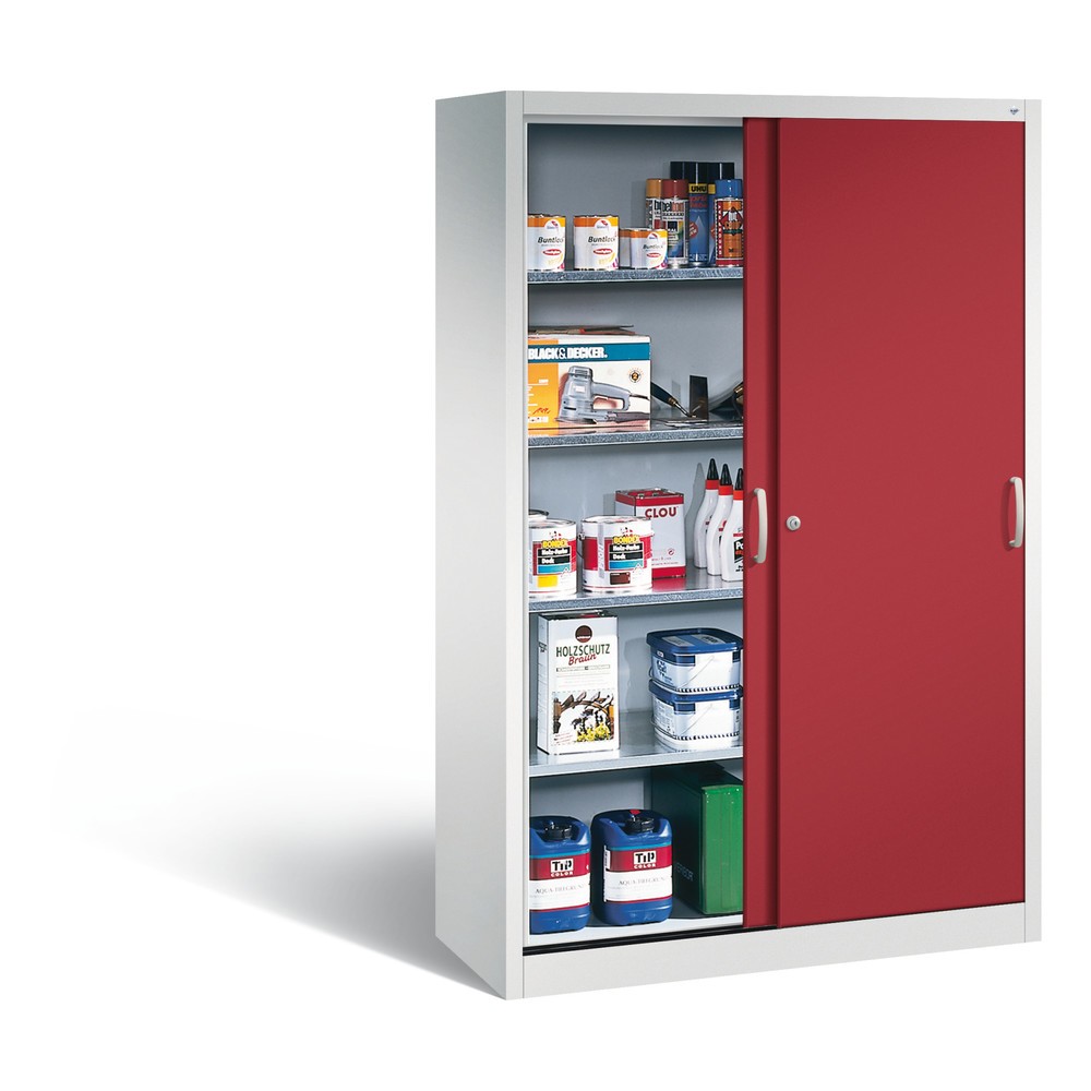Numéro de l'image du produit 4: Armoire à portes coulissantes d’atelier C+P avec 4 tablettes, H x l x P 1 950 x 1 200 x 500 mm, gris clair, rouge rubis
