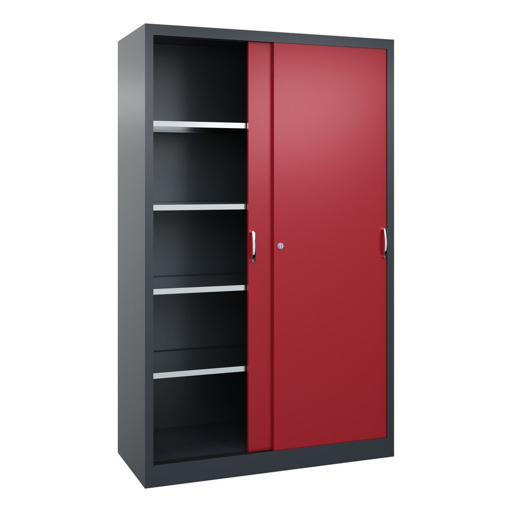 Numéro de l'image du produit 3: Armoire à portes coulissantes d’atelier C+P avec 4 tablettes, H x l x P 1 950 x 1 200 x 500 mm, gris anthracite, rouge rubis