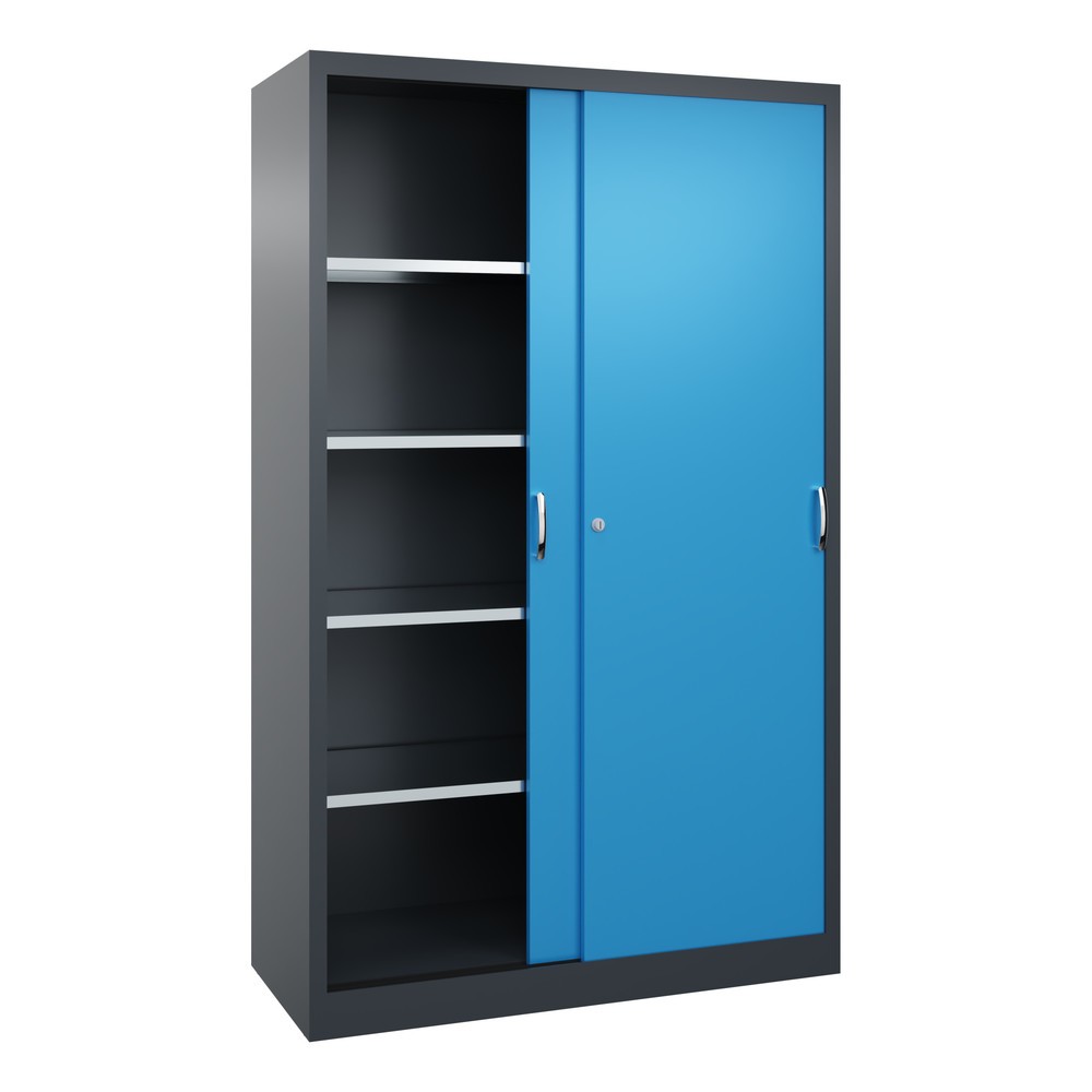 Numéro de l'image du produit 3: Armoire à portes coulissantes d’atelier C+P avec 4 tablettes, H x l x P 1 950 x 1 200 x 500 mm, gris anthracite, bleu clair