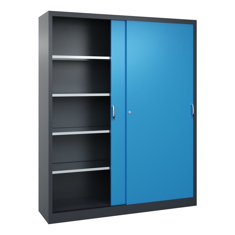 Numéro de l'image du produit 3: Armoire à portes coulissantes d’atelier C+P avec 8 tablettes, H x l x P 1 950 x 1 600 x 400 mm, cloison de séparation, gris anthracite, bleu clair